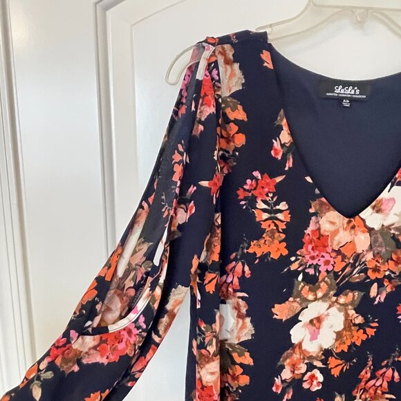 New Lulus Dress Shifting Dears XS Blue Pink Multi Floral Cold Shoulder - Picture 3 of 7